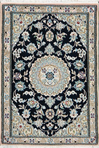 https://www.armanrugs.com/ | 2' 3" x 3' 3" Navy Blue Nain Hand Knotted Wool & Silk Authentic Persian Rug