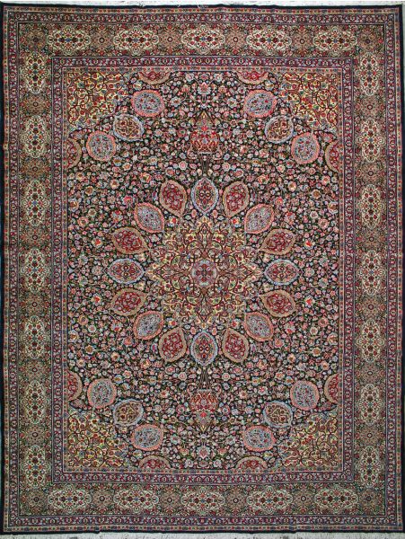 https://www.armanrugs.com/ | 12' 2" x 15' 9" Navy Blue Hand Knotted Antique Kerman Persian Rug