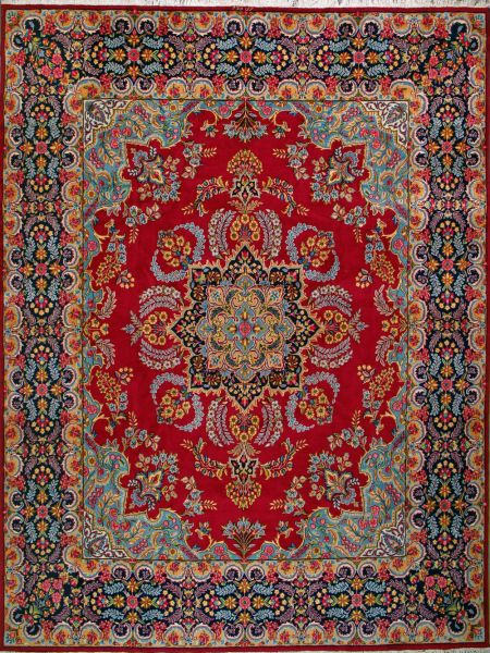 https://www.armanrugs.com/ | 9' 11" x 13' 2" Red Hand Knotted Authentic Kerman Persian Rug