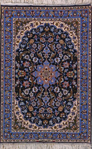 https://www.armanrugs.com/ | 2' 4" x 3' 6" Navy Blue Esfahan Hand Knotted Wool & Silk Authentic Persian Rug