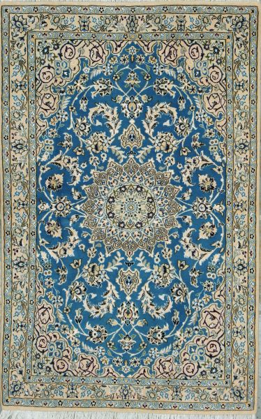 https://www.armanrugs.com/ | 3' 9" x 5' 10" Blue Nain Hand Knotted Wool & Silk Authentic Persian Rug