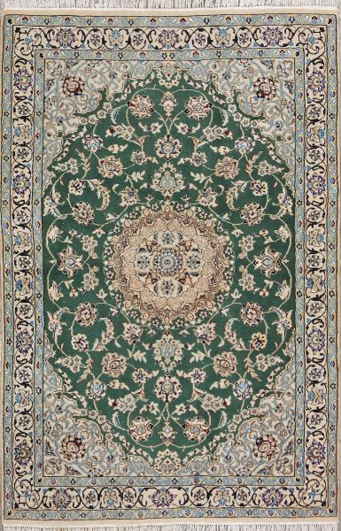 https://www.armanrugs.com/ | 3' 9" x 5' 8" Green Nain Hand Knotted Wool & Silk Authentic Persian Rug