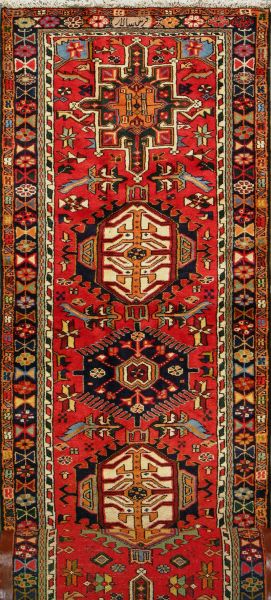 https://www.armanrugs.com/ | 2'  8" x 23'  8" Red Gharajeh Hand Knotted Wool Authentic Runner Persian Rug