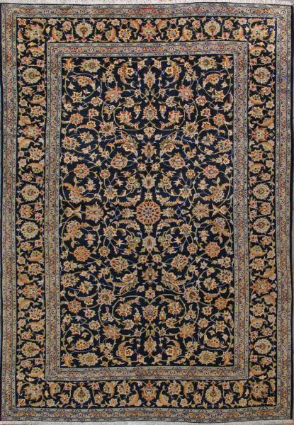 https://www.armanrugs.com/ | 7' 3" x 10' 10" Navy Blue Kashan Hand Knotted Wool Authentic Persian Rug