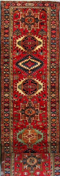 https://www.armanrugs.com/ | 2' 9" x 39' 10" Red Gharajeh Hand Knotted Wool Authentic Runner Persian Rug