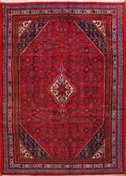 https://www.armanrugs.com/ | 6' 8 " X 9' 6" Red Hamadan Hand Knotted Wool Authentic Persian Rug