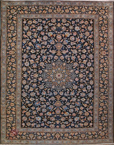 https://www.armanrugs.com/ | 10' 8" x 13' 9" Navy Blue Kashan Hand Knotted Wool Authentic Persian Rug