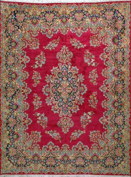 https://www.armanrugs.com/ | 9' 10" x 13' 5" Red Hand Knotted Authentic Kerman Persian Rug