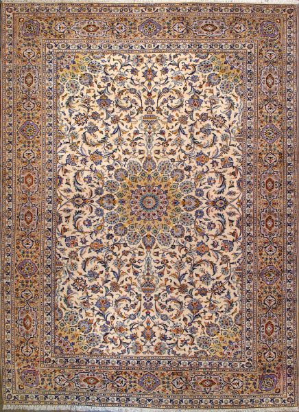 https://www.armanrugs.com/ | 9' 8" x 13' 3" Beige Kashan Hand Knotted Wool Authentic Persian Rug