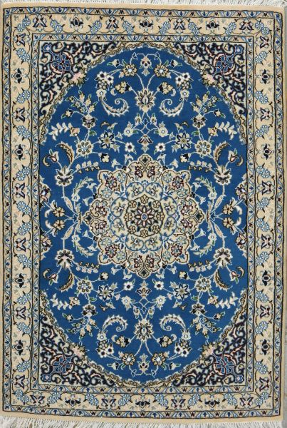 https://www.armanrugs.com/ | 3' 3" x 4' 9" Blue Nain Hand Knotted Wool & Silk Authentic Persian Rug