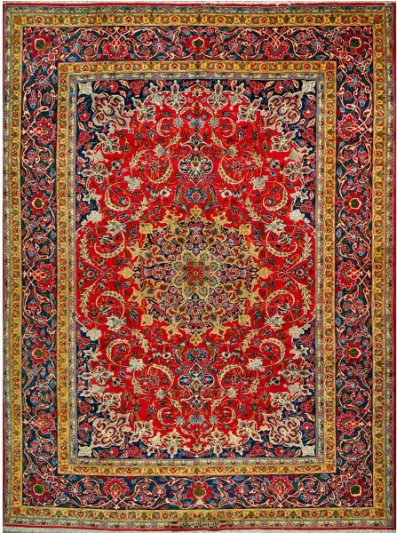 https://www.armanrugs.com/ | 10' 0" x 13' 5" Red Esfahan Hand Knotted Wool Antique  Persian Rug