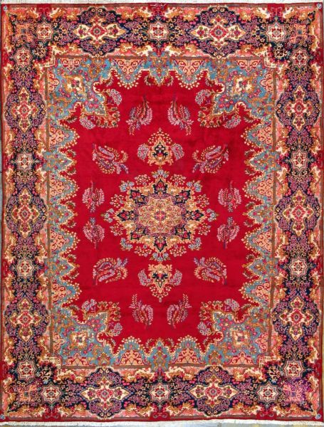 https://www.armanrugs.com/ | 9' 8" x 12' 6" Red Hand Knotted Authentic Kerman Persian Rug