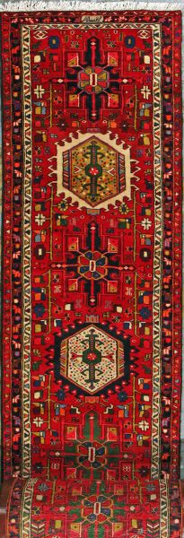 https://www.armanrugs.com/ | 2' 9" x 47' 7" Red Gharajeh Hand Knotted Wool Authentic Runner Persian Rug