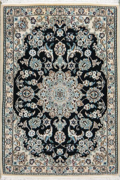 https://www.armanrugs.com/ | 2' 1" x 2' 11" Navy Blue Nain Hand Knotted Wool & Silk Authentic Persian Rug